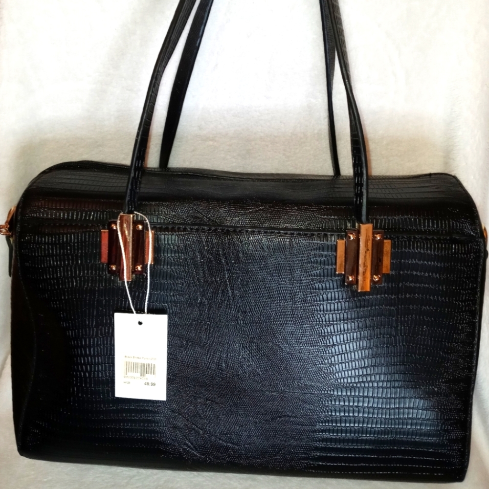 Black Crocodile Purse Tote Bag with Gold Detailing